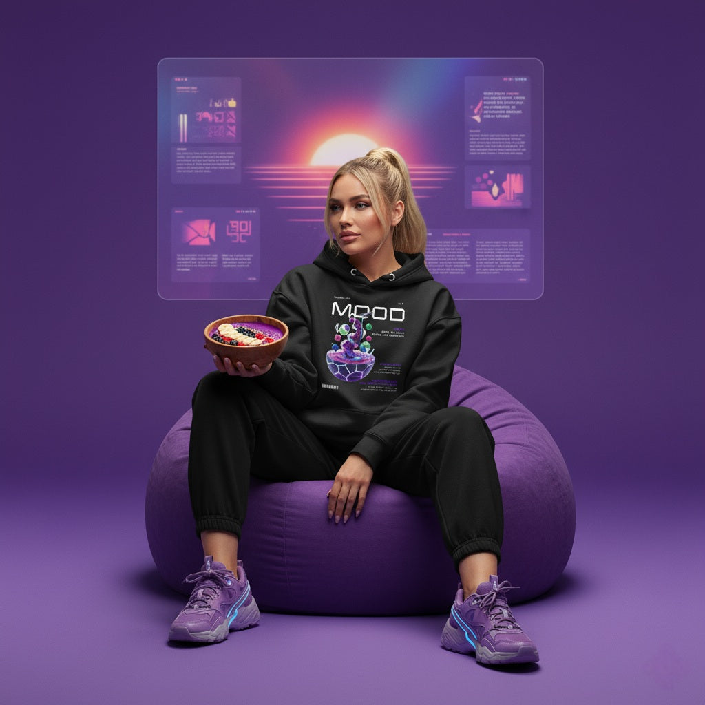 Person wearing the Mood Zen AR hoodie with QR code for AR video activation, sitting on a purple bean bag chair against a futuristic background.