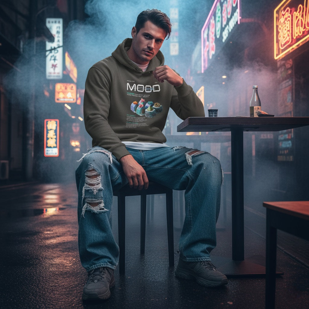 Man sitting at a table in a neon-lit urban setting, wearing a vintage black hoodie with QR code for AR video activation.