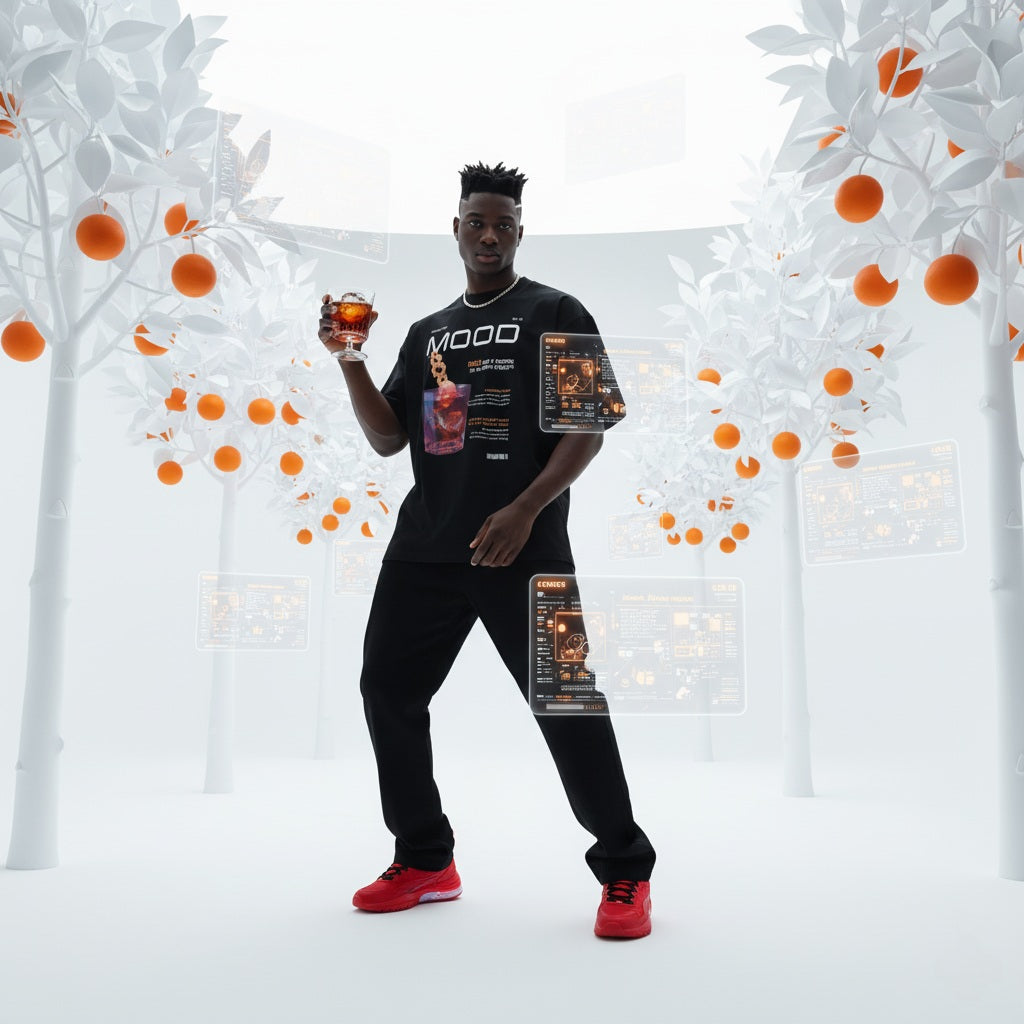 male model wearing a black t-shirt with graphics and QR code for AR video activation, standing in an all-white studio landscape with orange trees while holding a negroni.