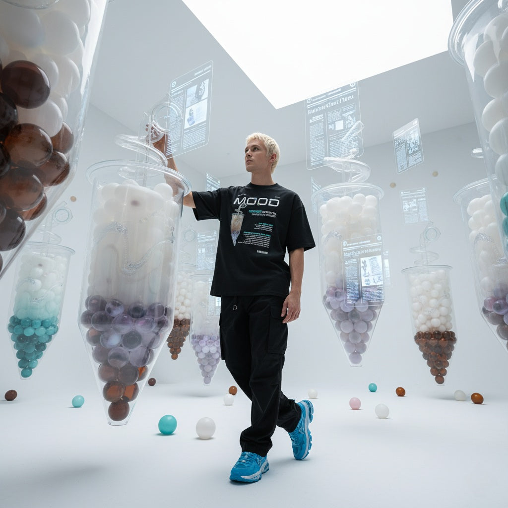 male model standing in a room filled with large futuristic bubble tea, wearing a black t-shirt with QR code for AR video activation.