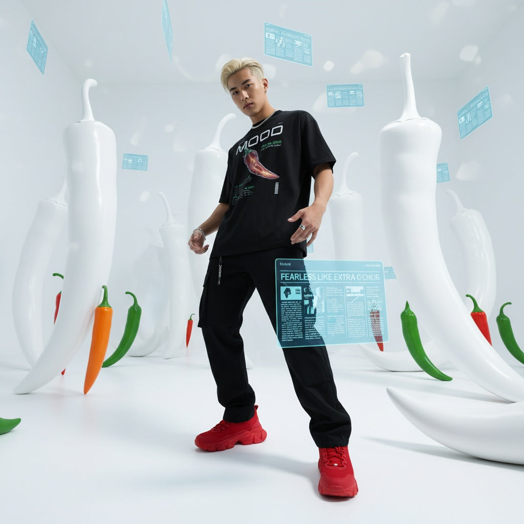 male model wearing a black t-shirt with QR code for AR video activation, red shoes in a futuristic setting with digital elements and giant chili peppers.