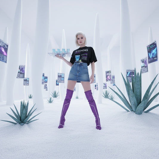 female model holding a tray with tequila shots in a futuristic setting with plants and screens.
