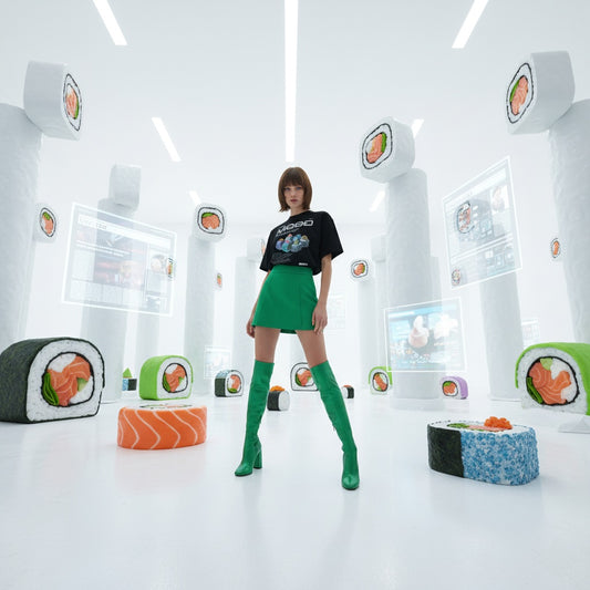 Asian model in a futuristic sushi-themed room with white walls and floor.