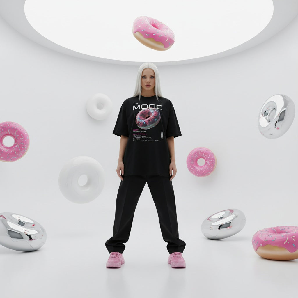 Blonde model wearing a black t-shirt with a donut graphic in a futuristic setting with floating donuts and circular structures.