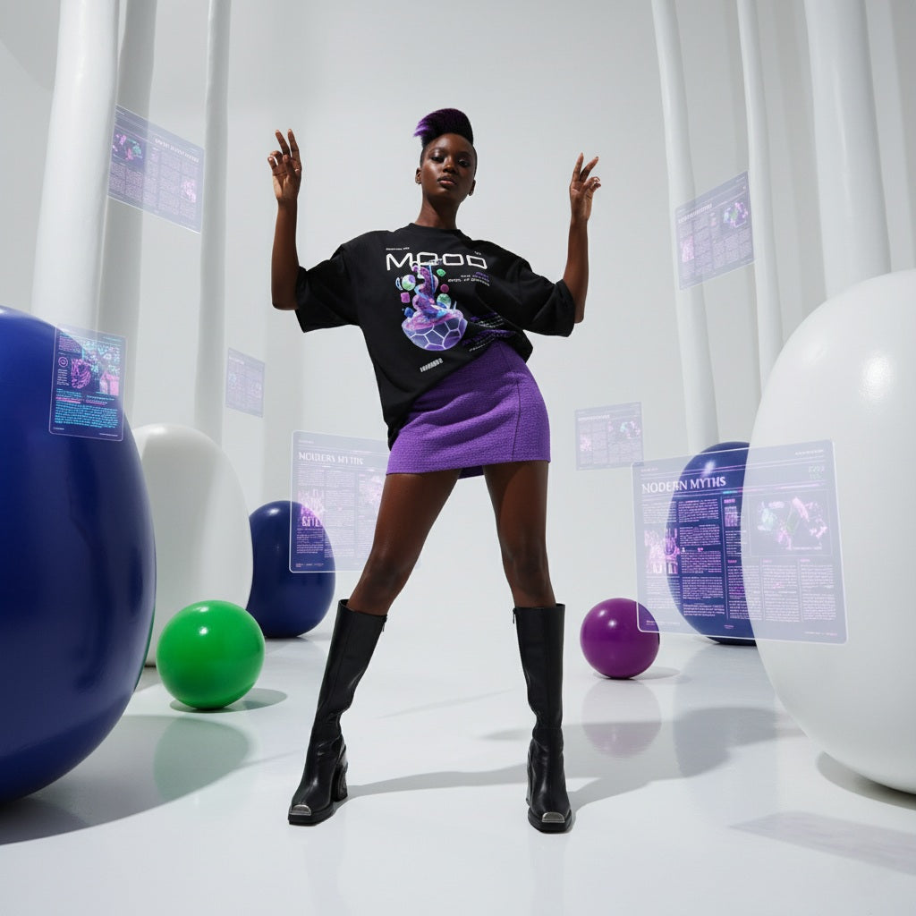 Model wearing a black t-shirt with an acai bowl design and purple skirt in a studio setting with colorful balls and white curtains.