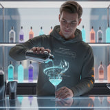 Bartender in a futuristic bar pouring a holographic drink, wearing a vintage black AR hoodie