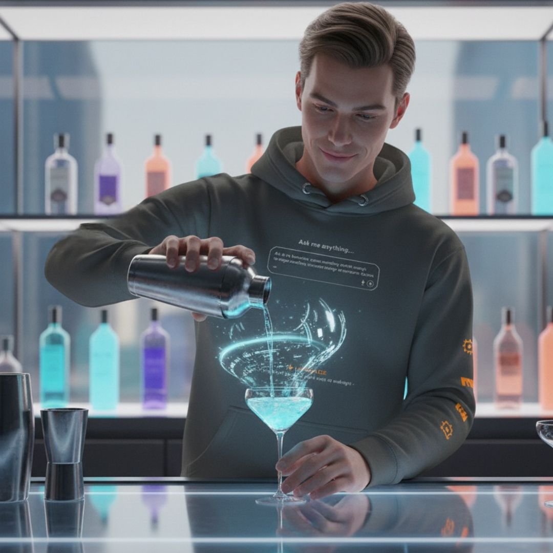 Bartender in a futuristic bar pouring a holographic drink, wearing a vintage black AR hoodie