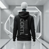Black hoodie with text design on the back worn by a mannequin in a futuristic hallway.