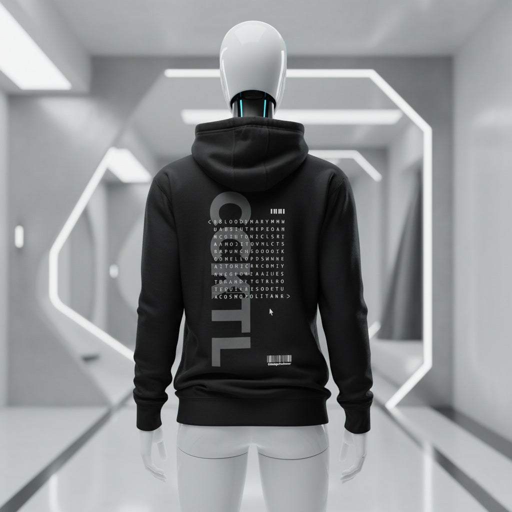 Black hoodie with text design on the back worn by a mannequin in a futuristic hallway.