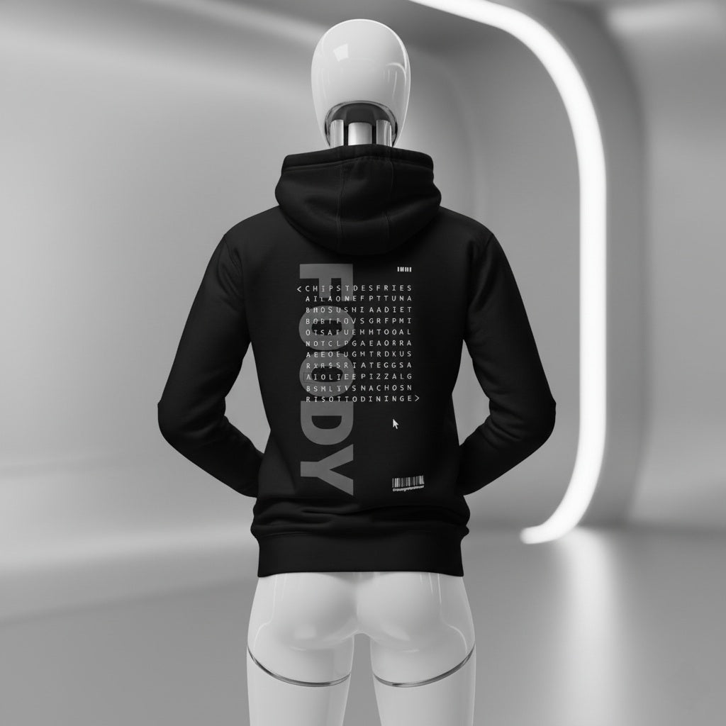 Black hoodie with text design on the back worn by a mannequin in a modern interior setting.
