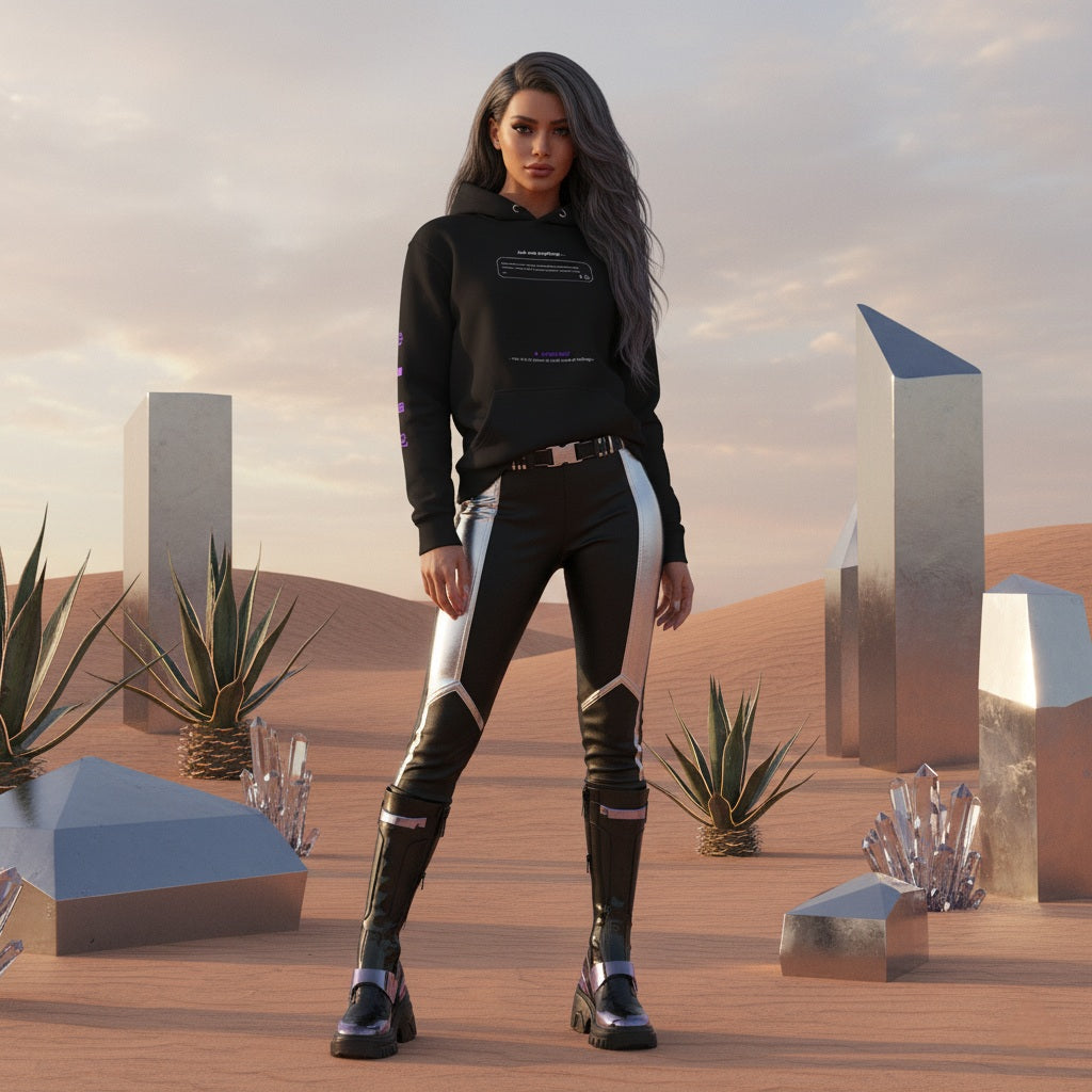 Woman in futuristic outfit and a black hoodie with QR code for AR video activation, standing in a desert landscape with alien structures.