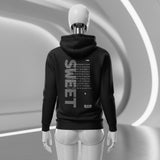 Black hoodie with text on the back worn by a robot in a futuristic setting