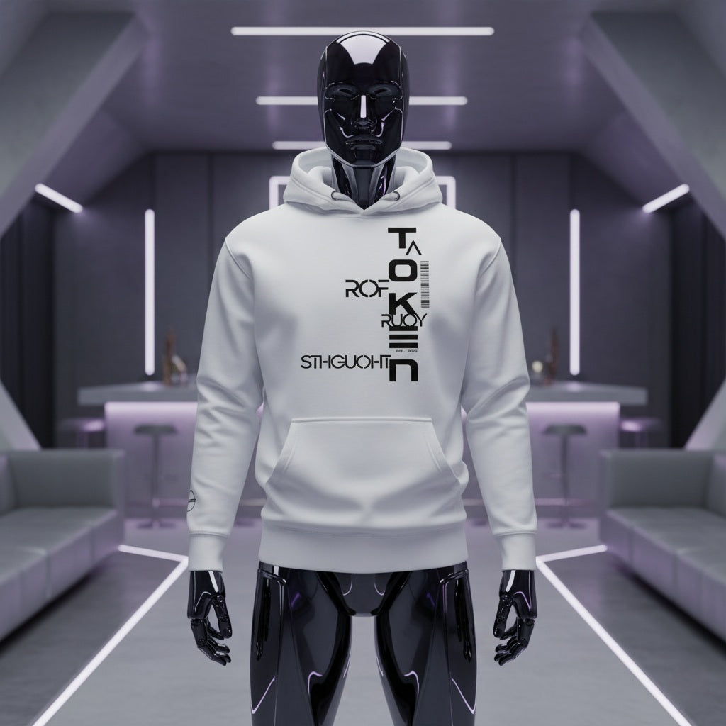 black robot wearing a futuristic white hoodie in a modern, minimalistic room.