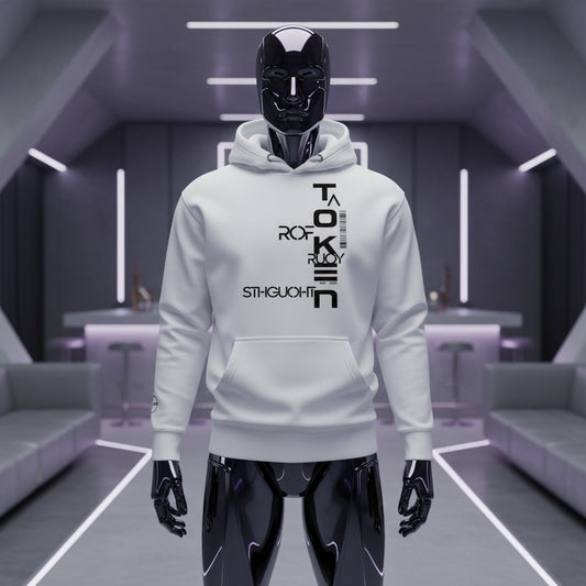 black robot wearing a futuristic white hoodie in a modern, minimalistic room.