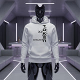 black robot wearing a futuristic white hoodie in a modern, minimalistic room.