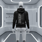 White glossy Robot wearing a black hoodie with text in a futuristic setting