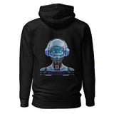 AR Black hoodie with a futuristic robot design on the back with QR code for AR video activation, displayed against a white background.