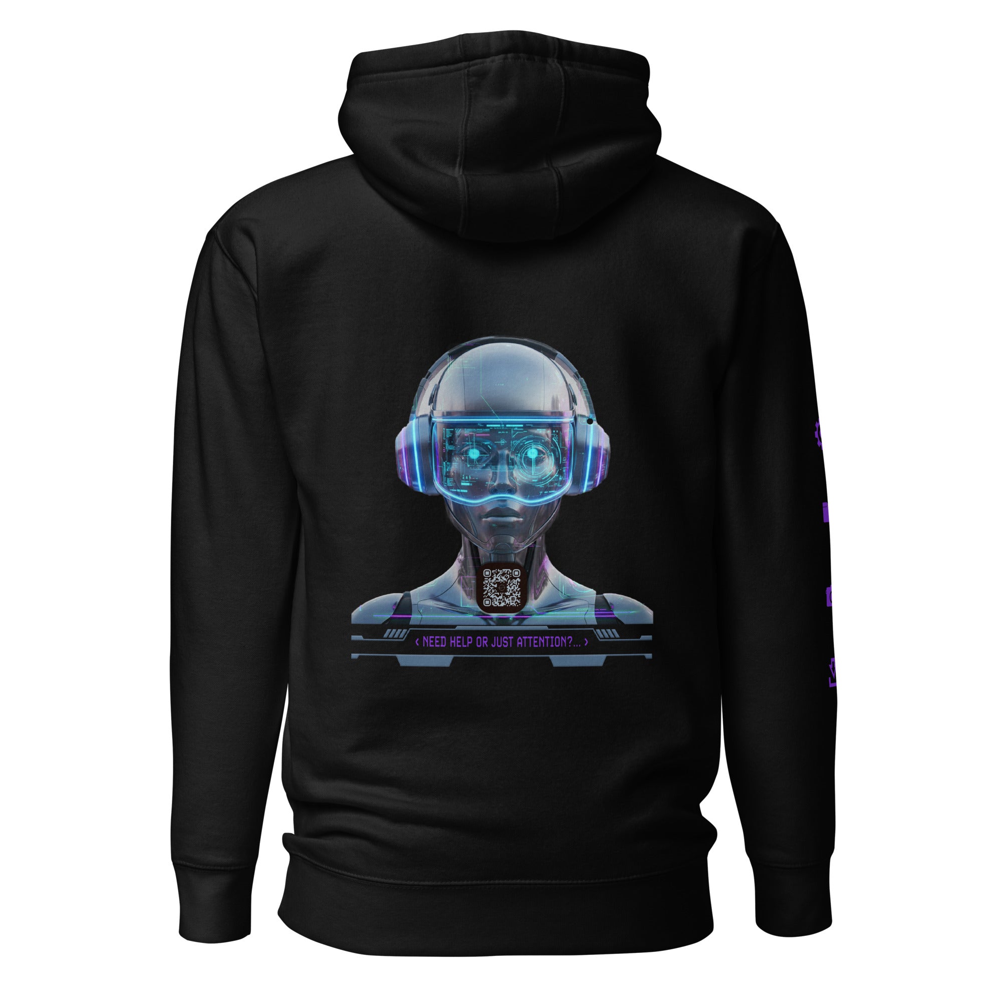 AR Black hoodie with a futuristic robot design on the back with QR code for AR video activation, displayed against a white background.