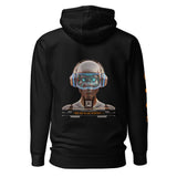 Black hoodie with a futuristic robot design on the back with QR code for AR video activation, displayed against a white background.