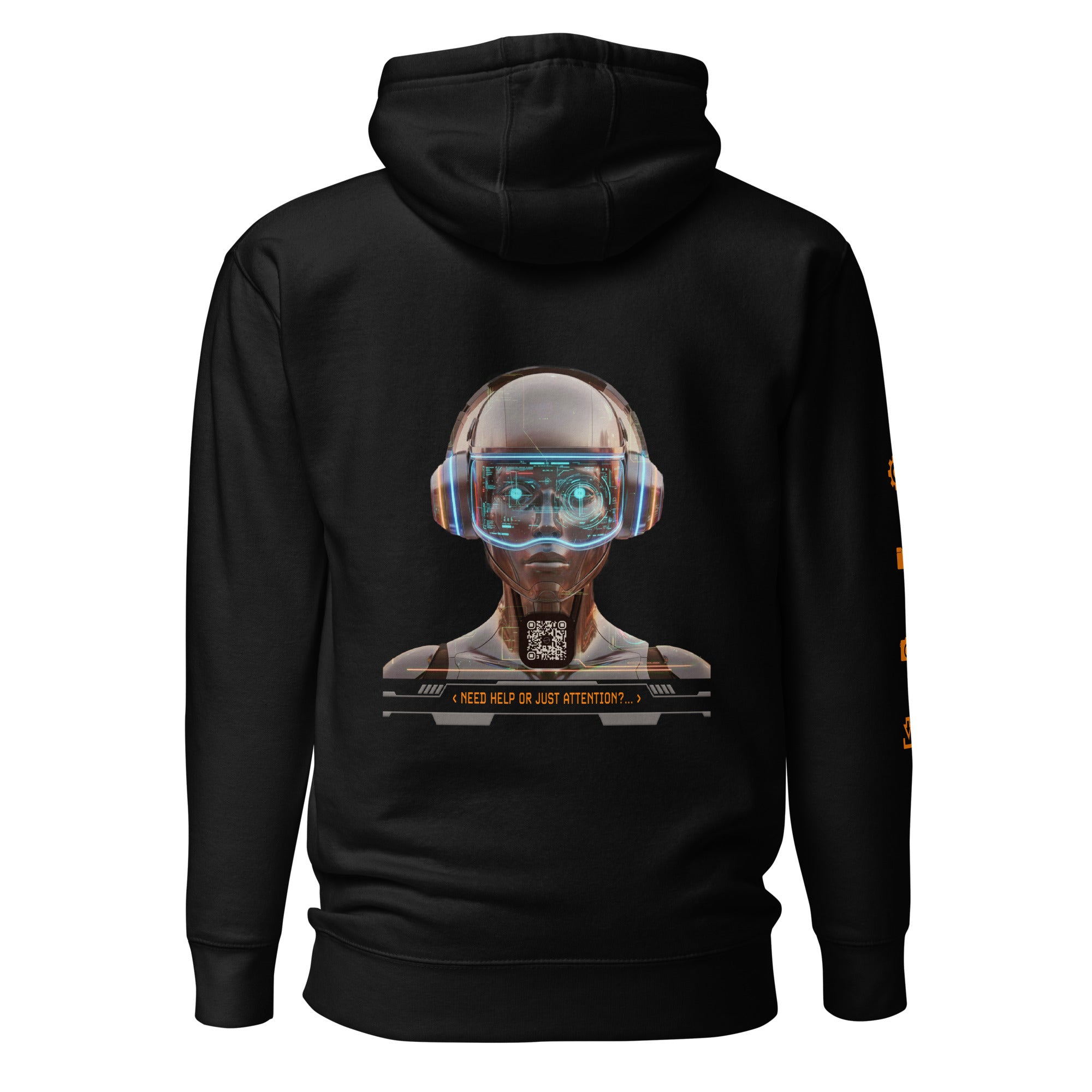 Black hoodie with a futuristic robot design on the back with QR code for AR video activation, displayed against a white background.