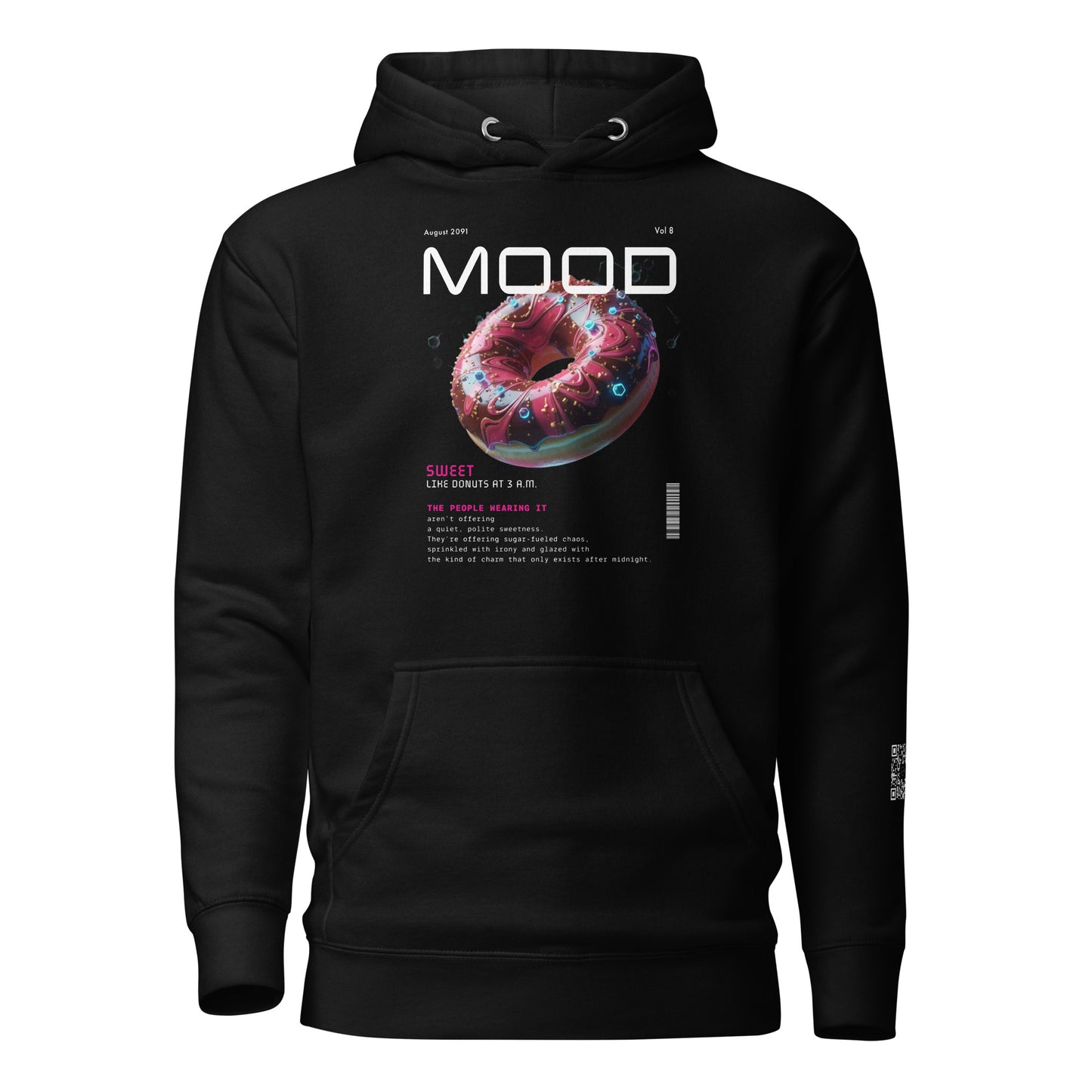 AR Black hoodie with a colorful donut graphic and text on a white background