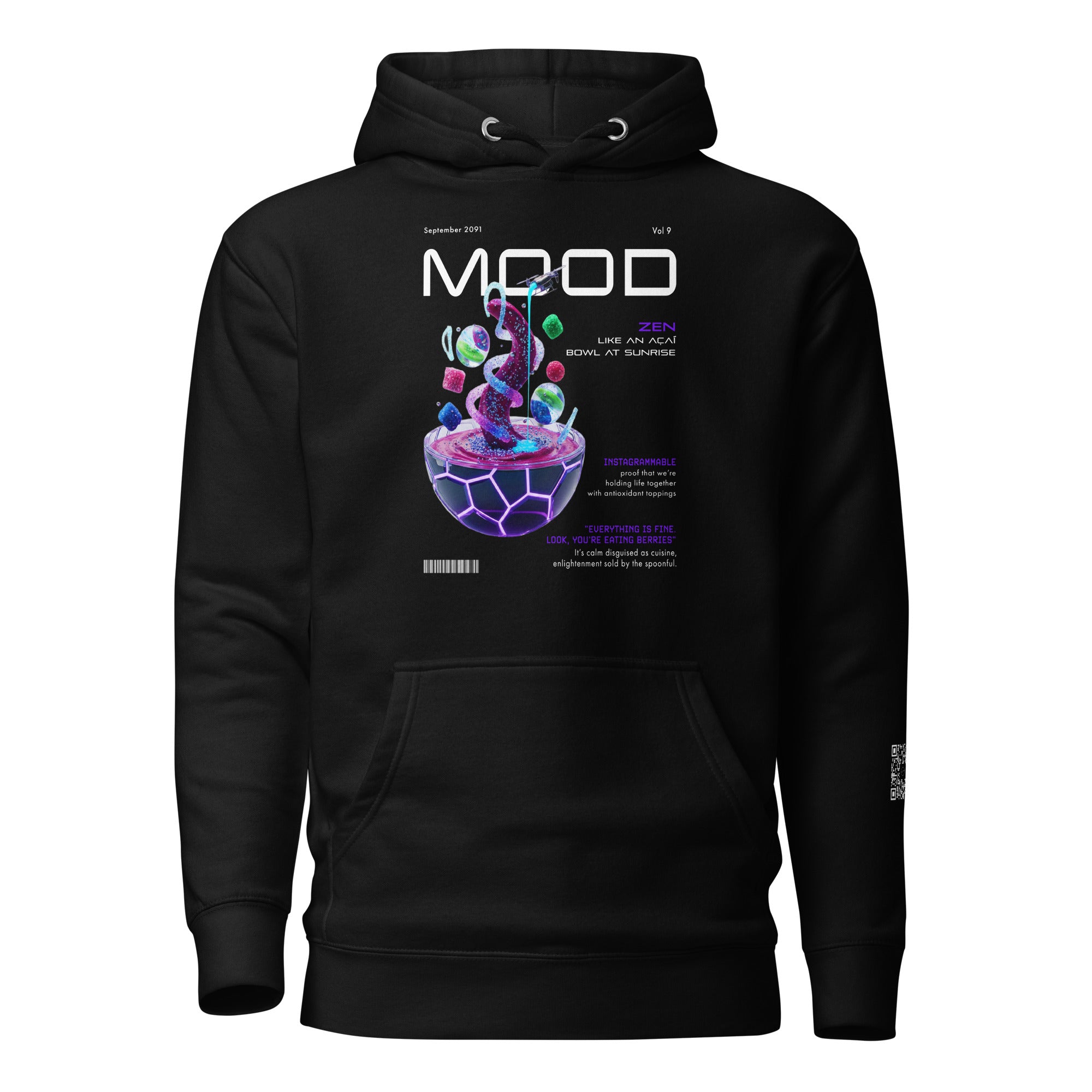 AR Black hoodie with colorful acai bowl design on a white background