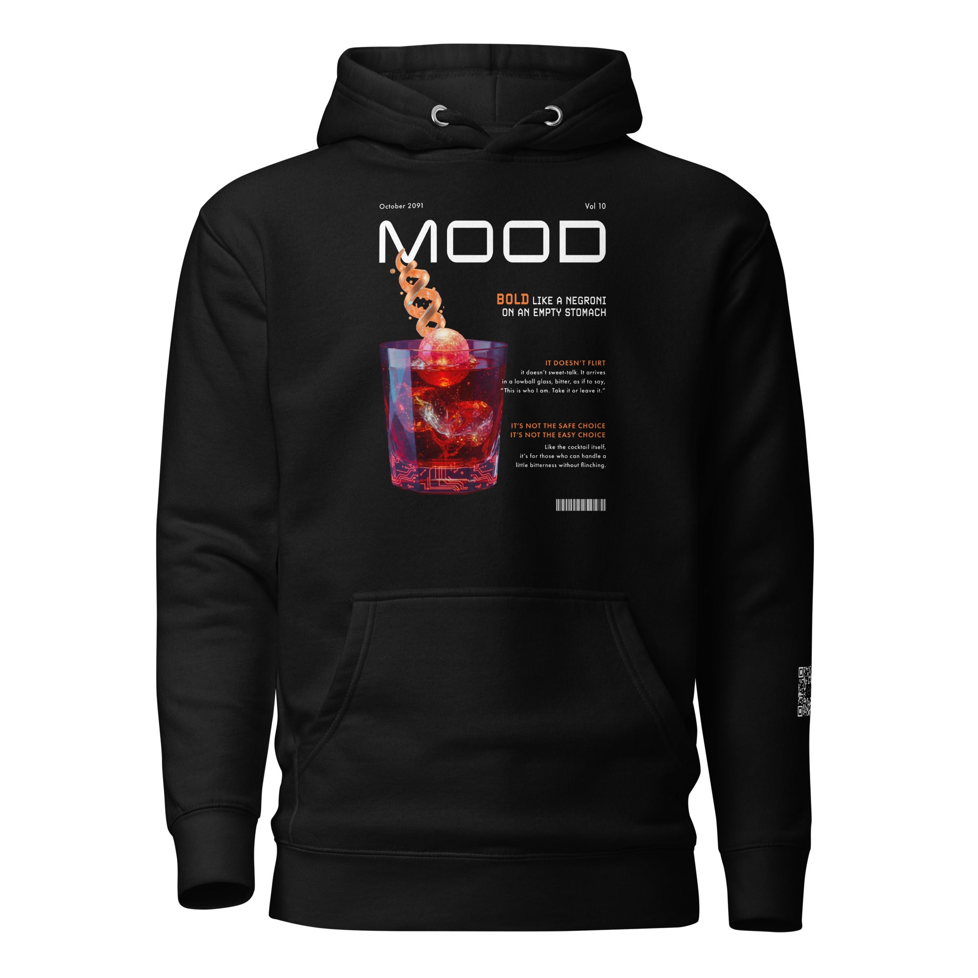 AR Black hoodie with a Negroni design on a white background