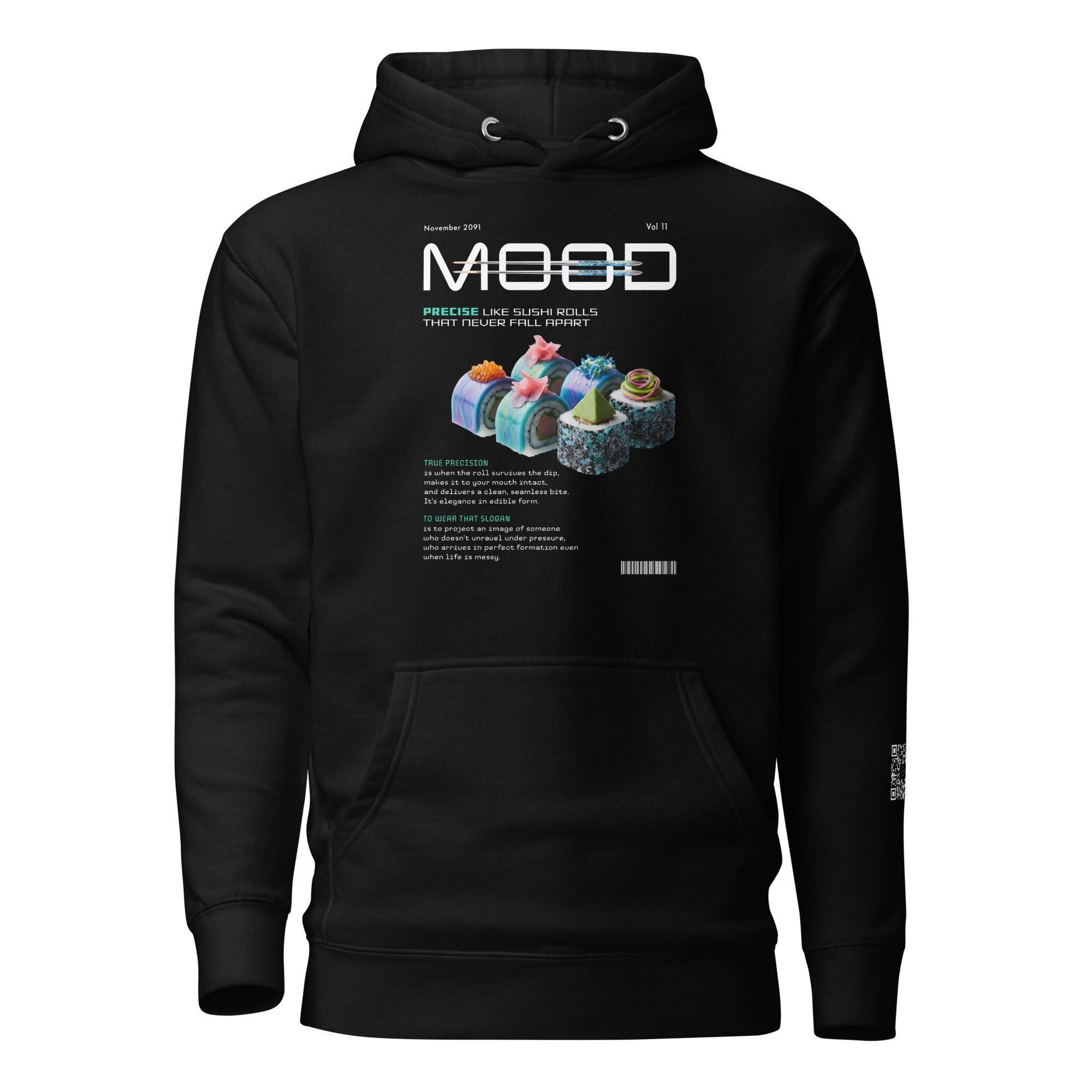 AR Black hoodie with sushi rolls graphic design and text on a white background