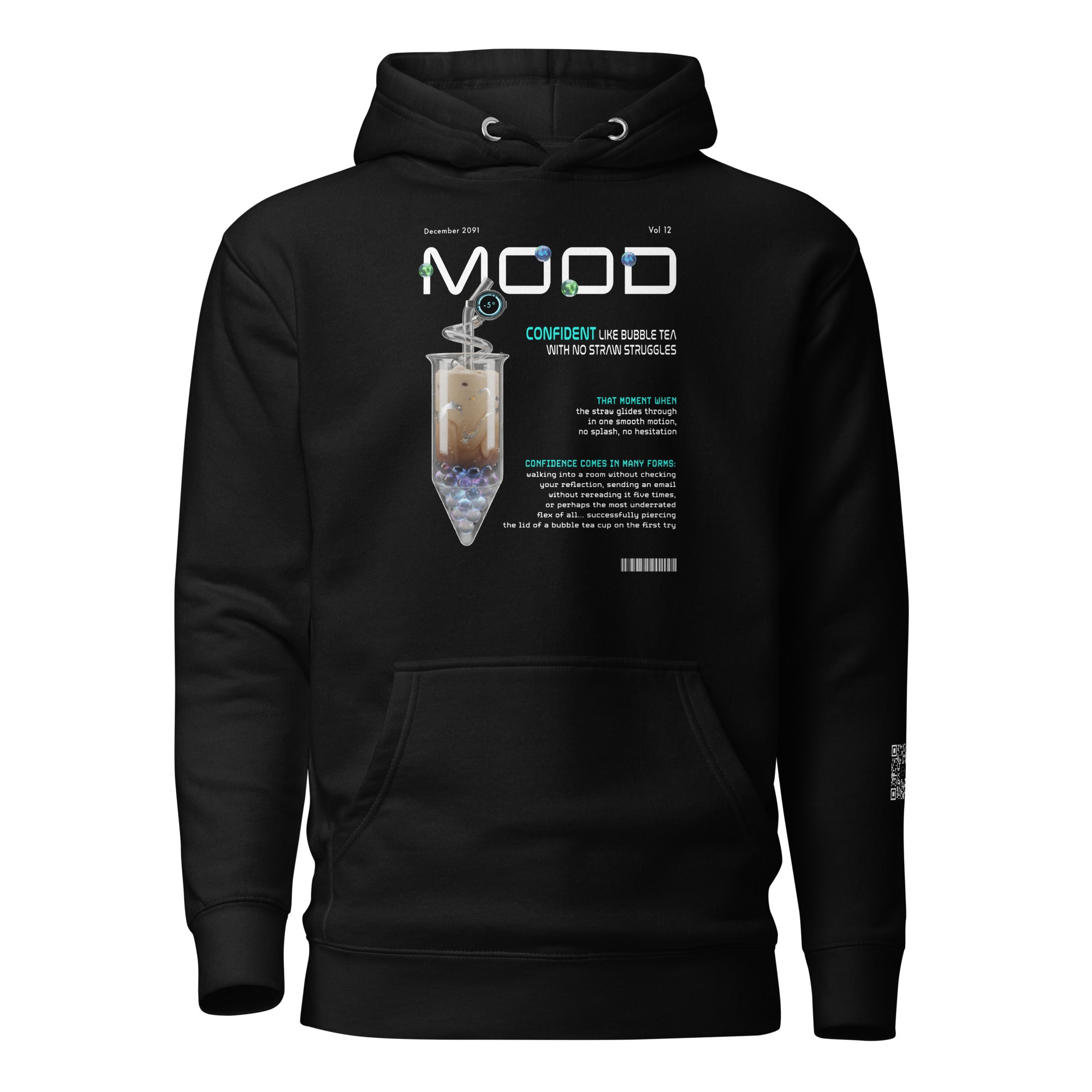 AR Black hoodie with a futuristic bubble tea design on a white background