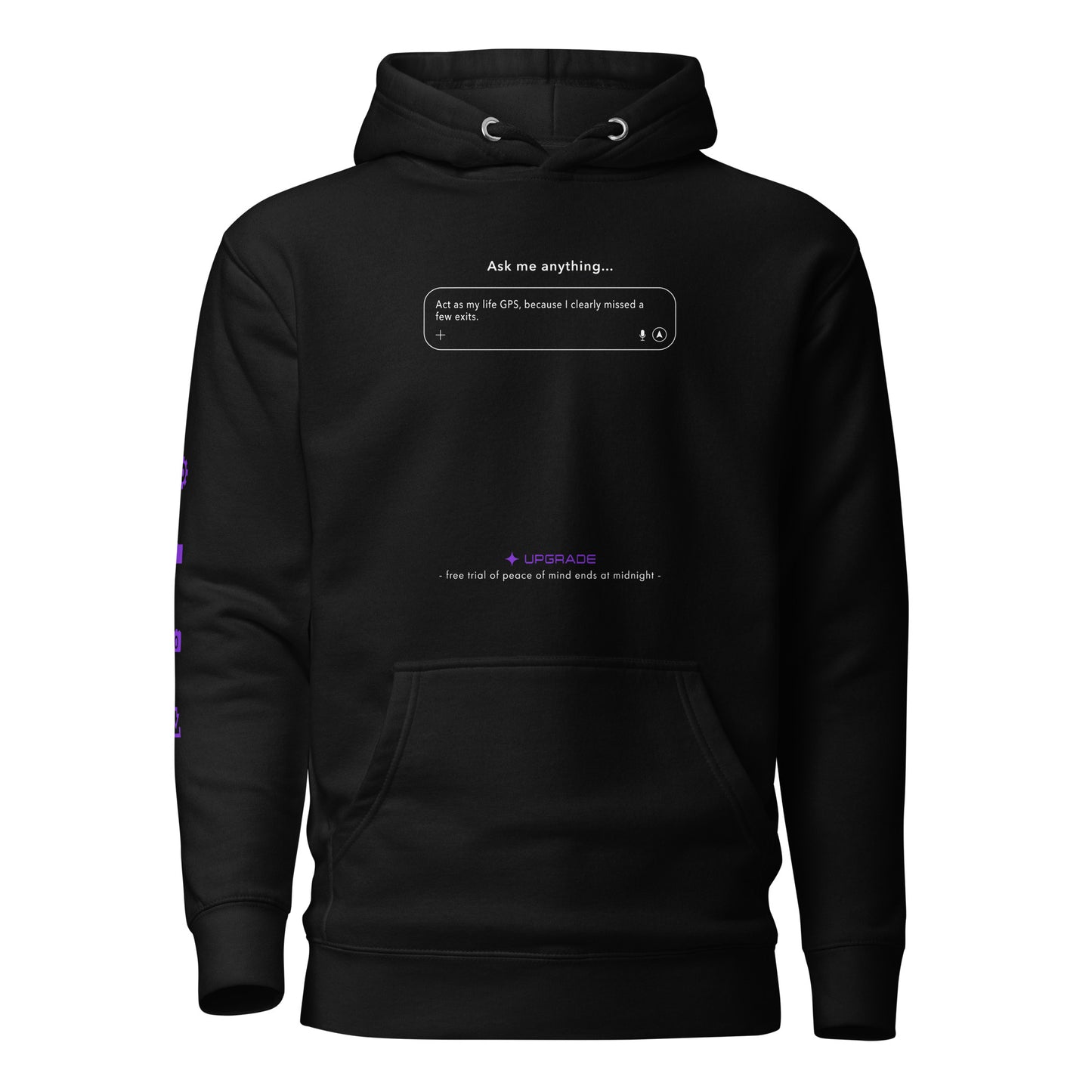 AR Black hoodie with prompt interface text and graphics on a white background