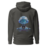 AR vintage black hoodie with a futuristic robot design on the back with QR code for AR video activation, against a white background
