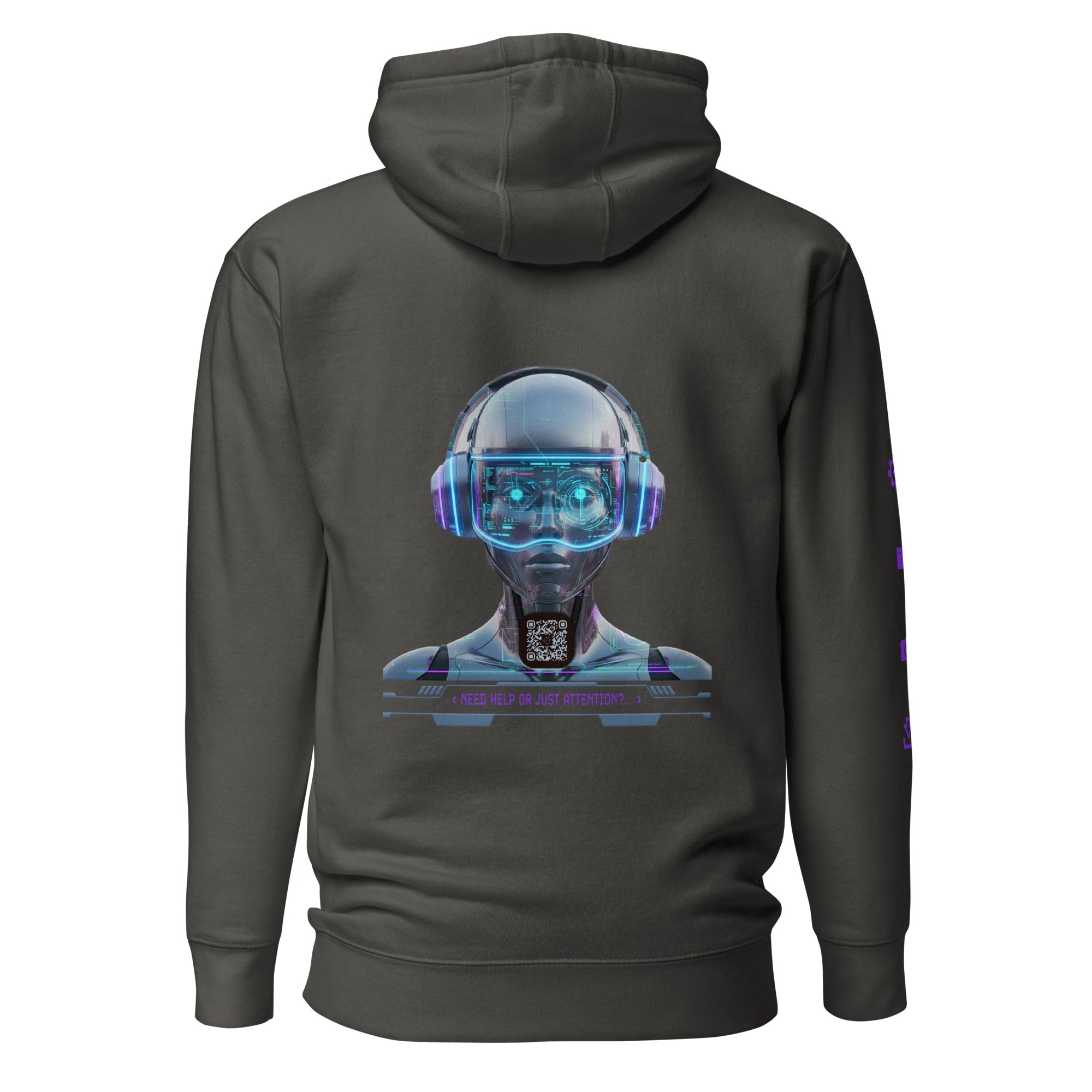 AR vintage black hoodie with a futuristic robot design on the back with QR code for AR video activation, against a white background