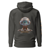 AR vintage black hoodie with a futuristic robot design on the back with QR code for AR video activation, displayed against a white background.