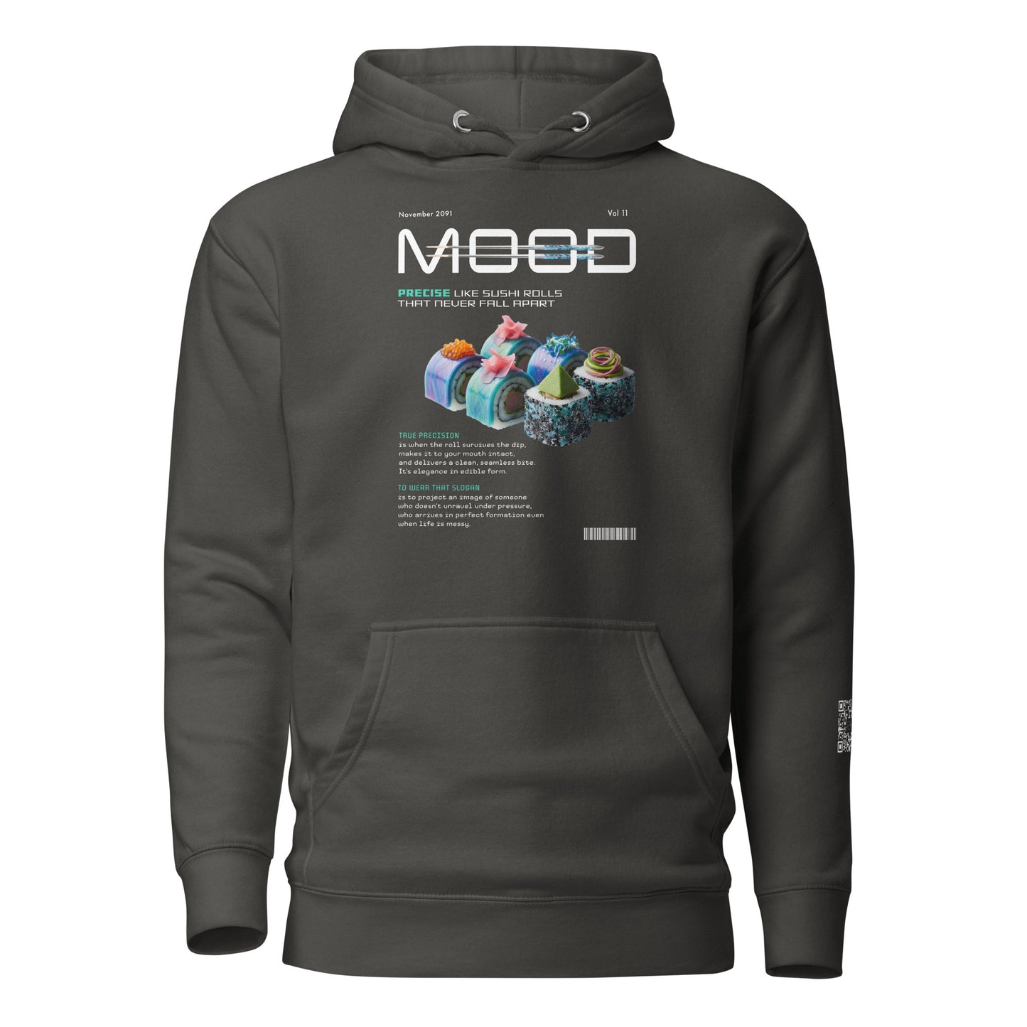 AR vintage black hoodie with sushi rolls graphic design on a white background