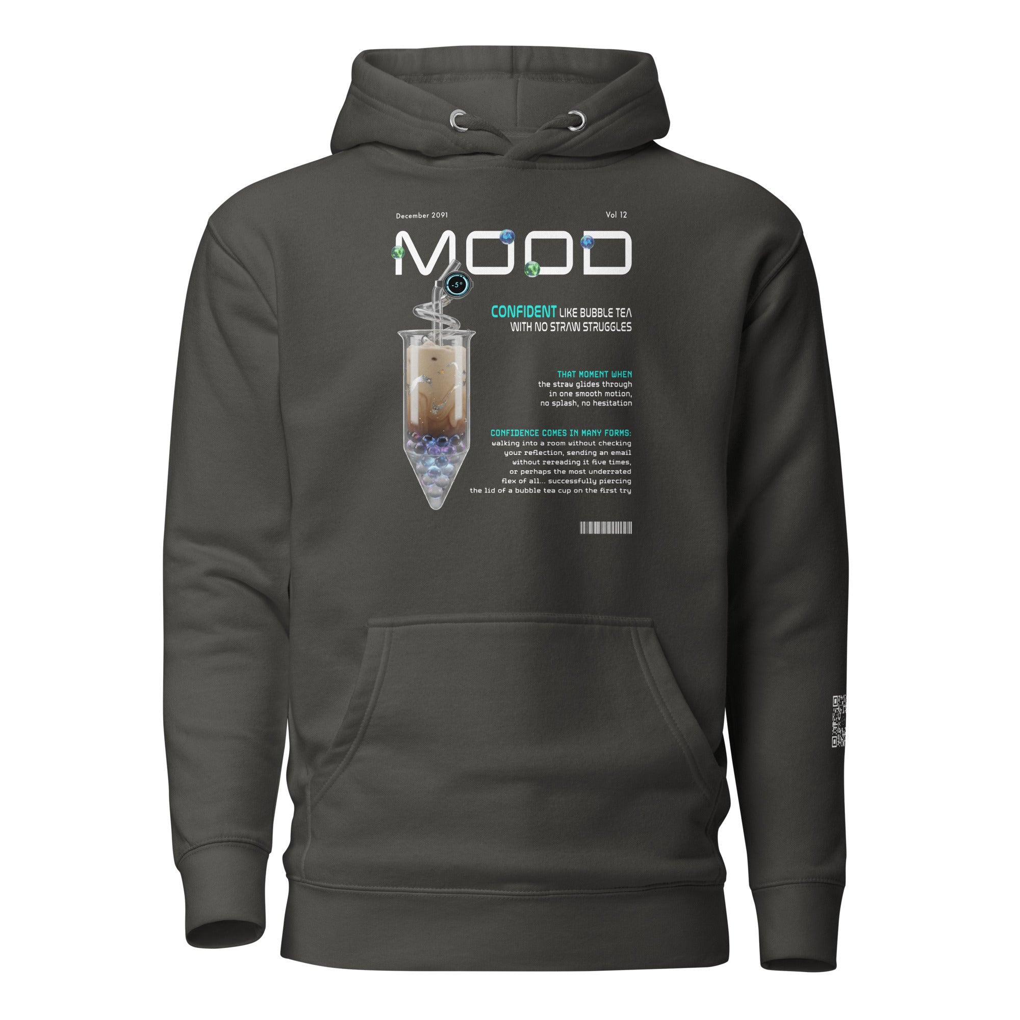 AR vintage black hoodie with futuristic bubble tea design on a white background
