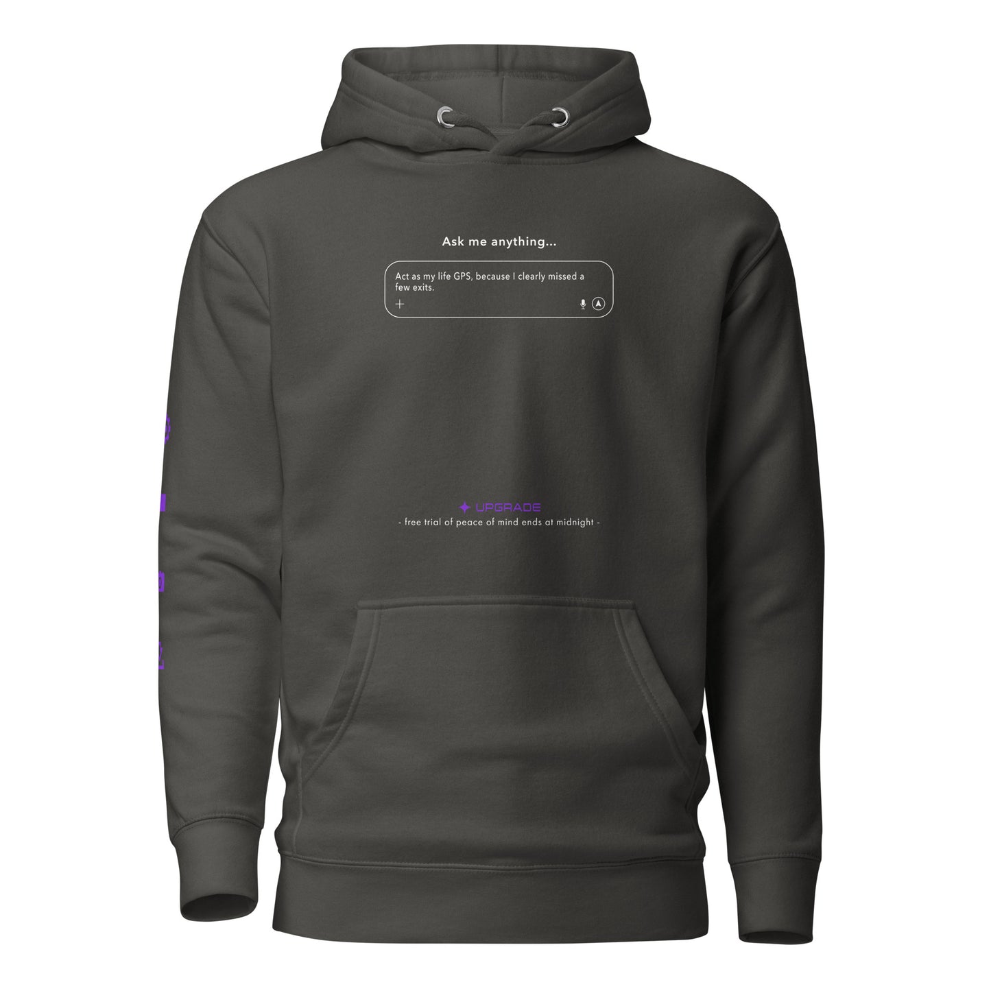 AR vintage black hoodie with prompt interface text design on a white background