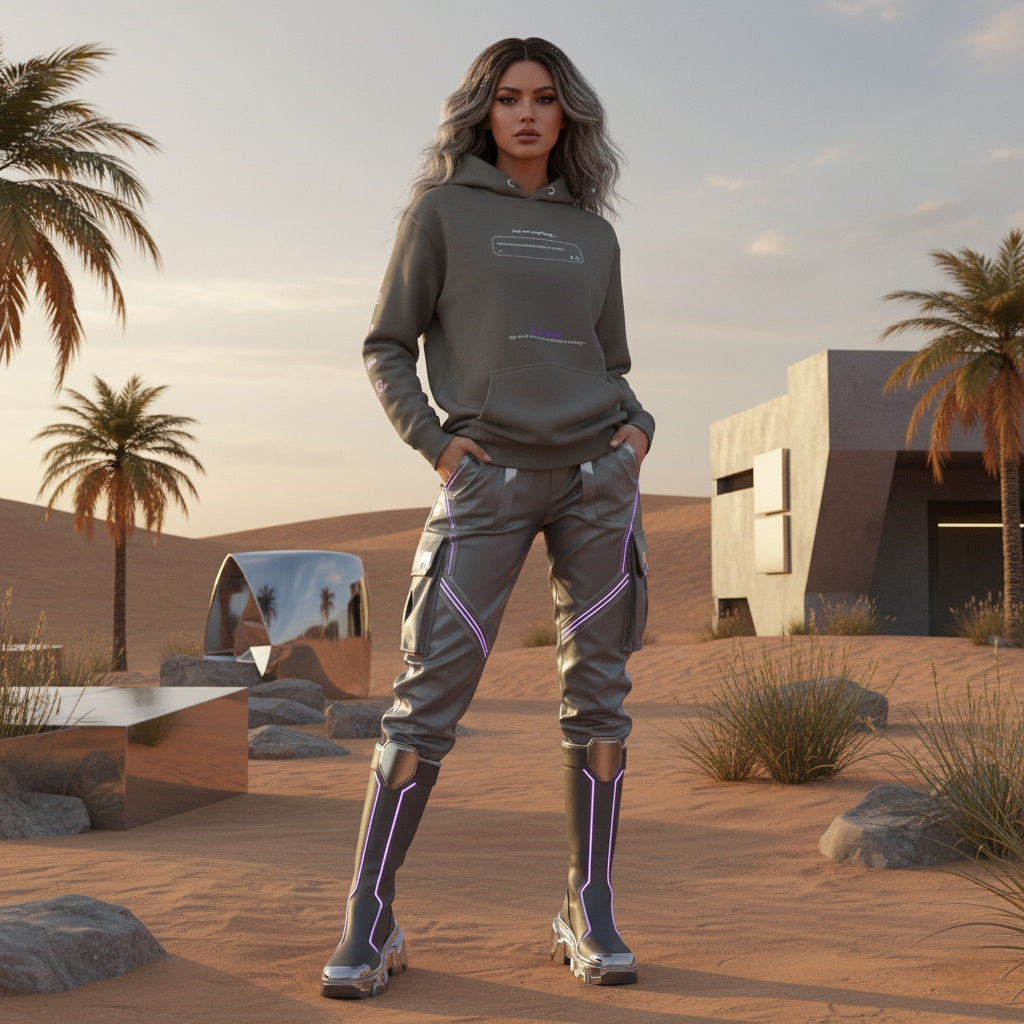 Female model wearing futuristic outfit, a vintage black hoodie with QR code for AR video activation, in a desert setting with modern architecture.