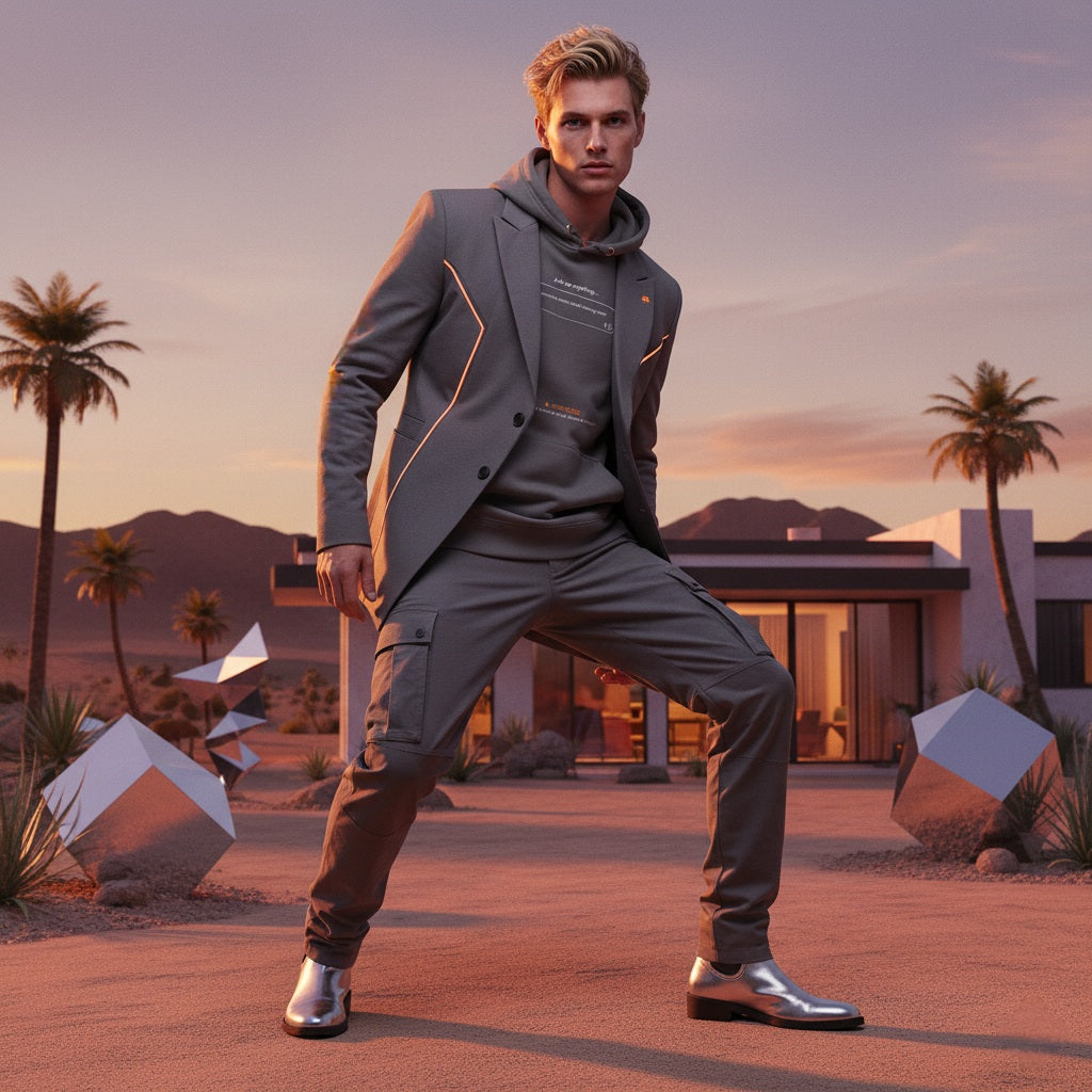 Man in a stylish outfit, featuring a vintage black hoodie with QR code for AR video activation, standing in a desert setting with palm trees and modern architecture.